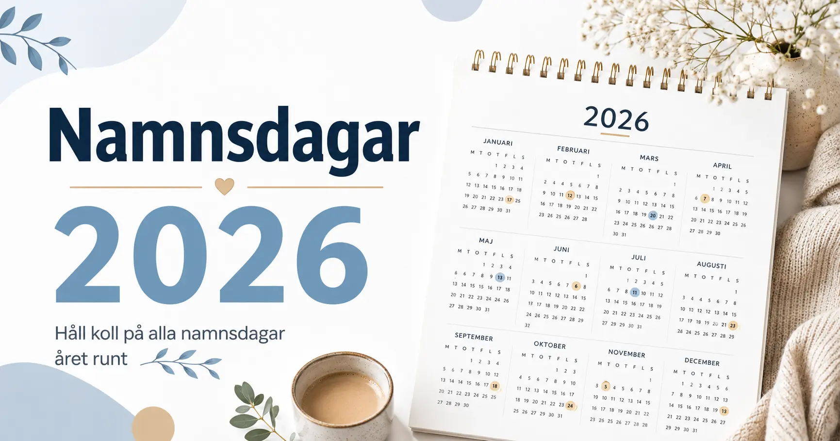 Minimal Scandinavian design calendar showing Swedish name days (namnsdagar) for 2026 with highlighted dates and clean modern layout